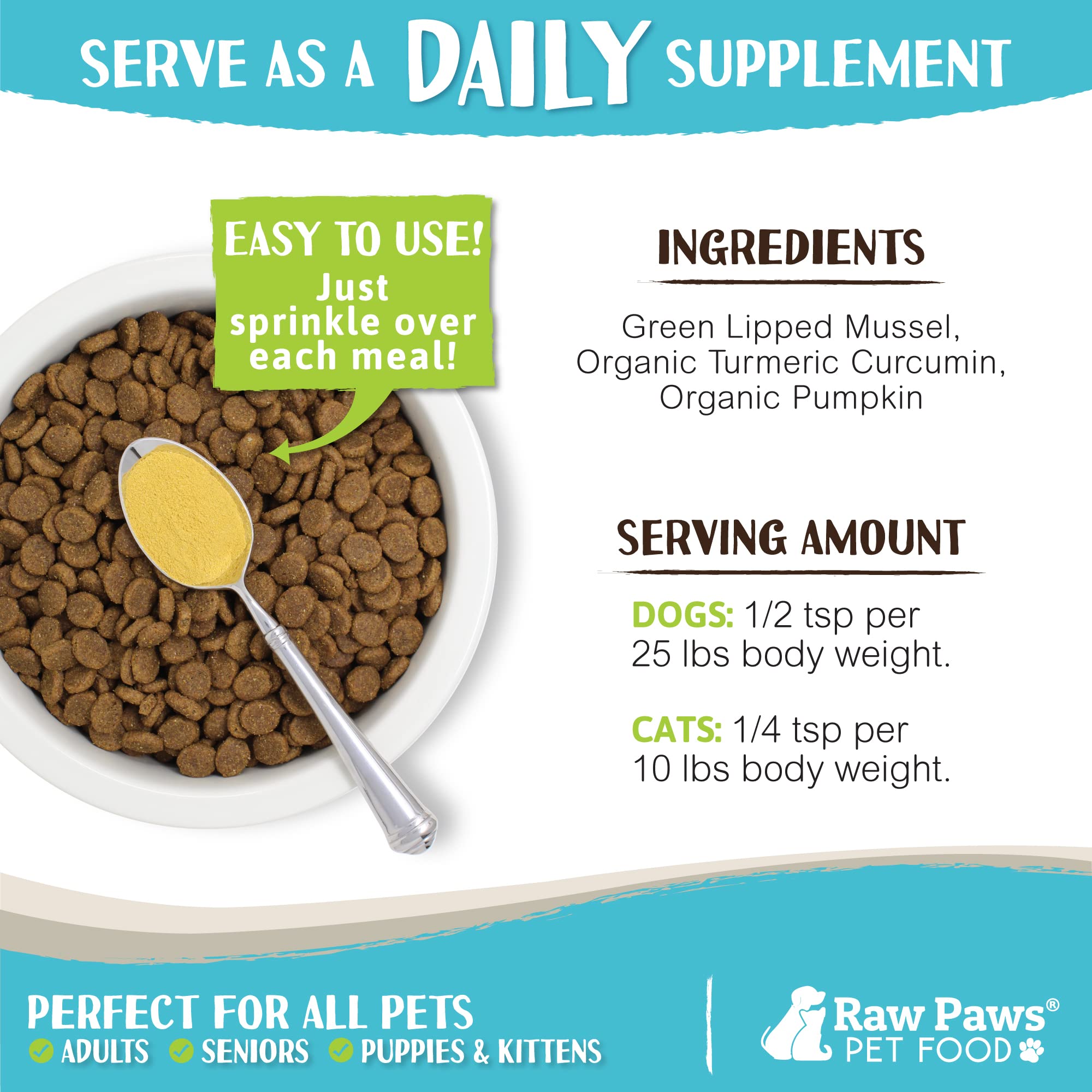 Curcuma et palourde vertes Raw Paws, soutien articulaire naturel.
