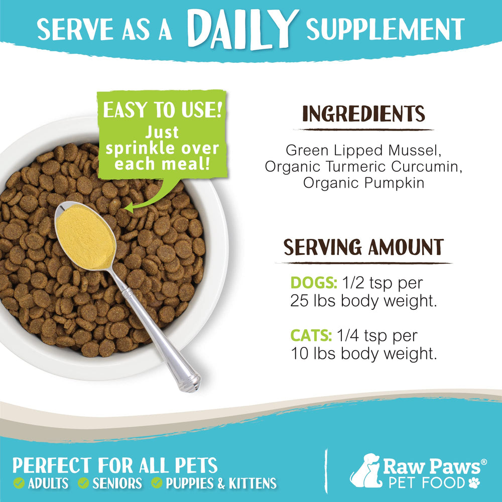 Curcuma et palourde vertes Raw Paws, soutien articulaire naturel.