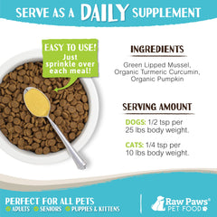 Curcuma et palourde vertes Raw Paws, soutien articulaire naturel.