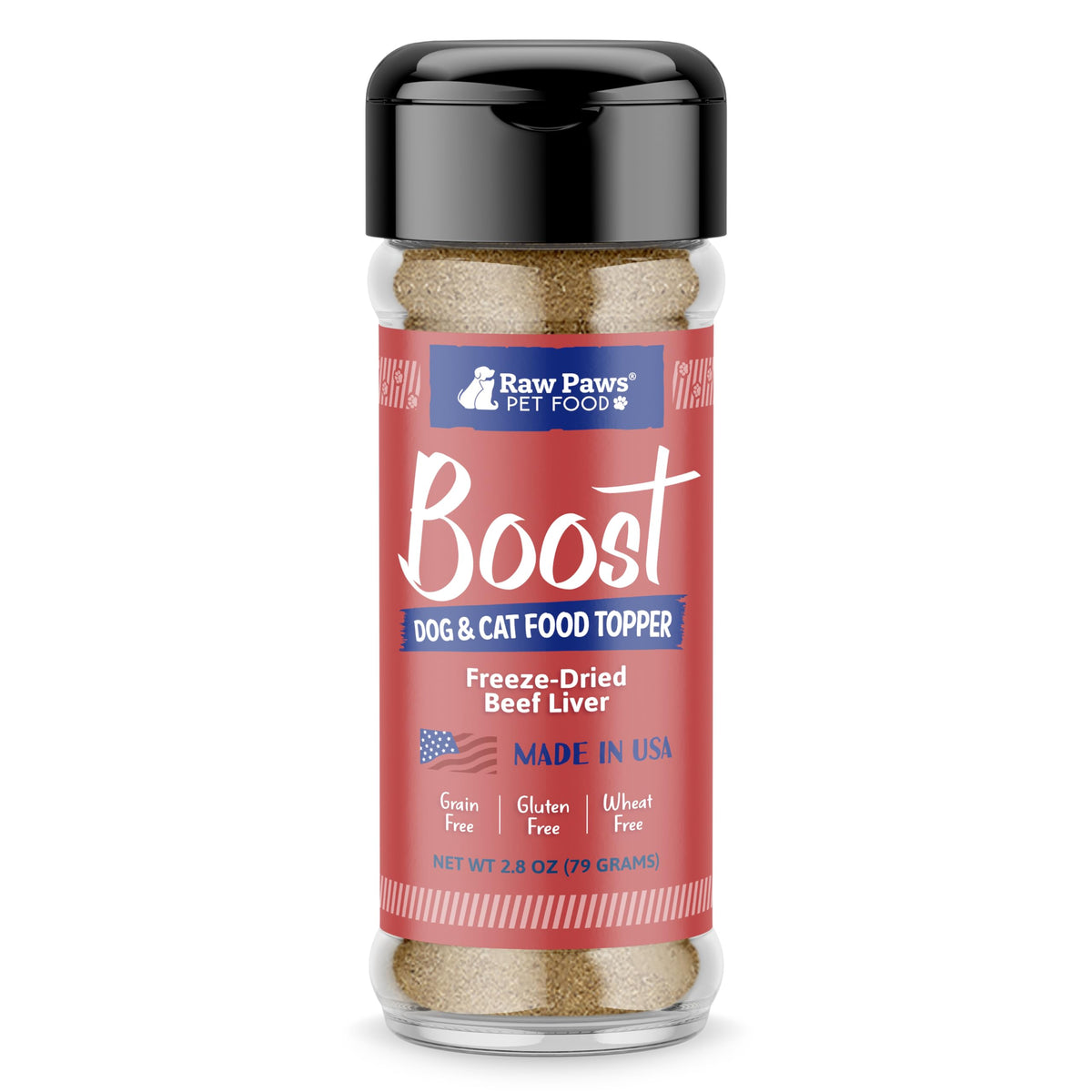 Raw Paws Boost emballage et shaker, pratique pour saupoudrer les repas.
