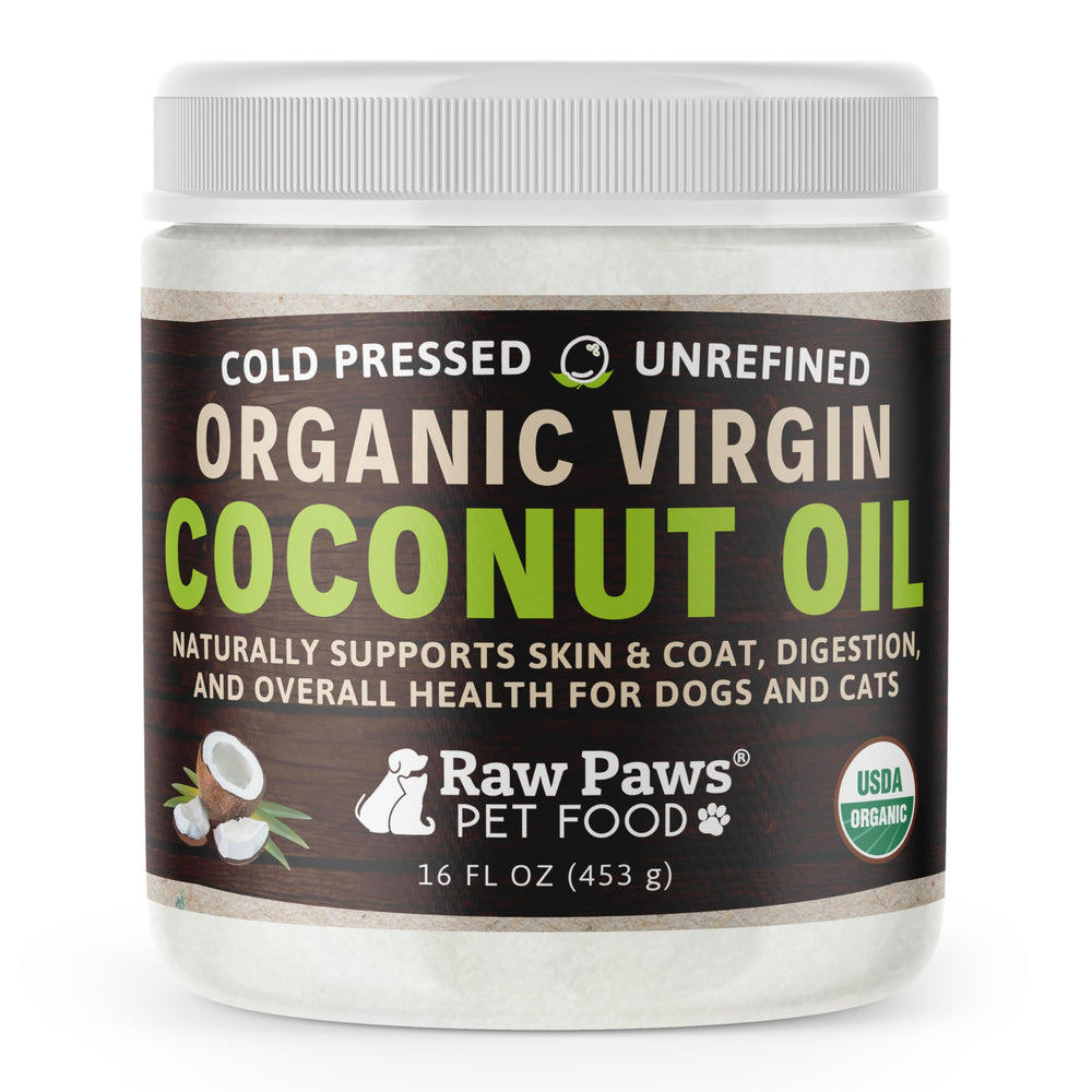 Raw Paws Huile de Coco Bio pour chiens et chats – bouteille de 16 oz, idéale pour soutenir la peau et le pelage.