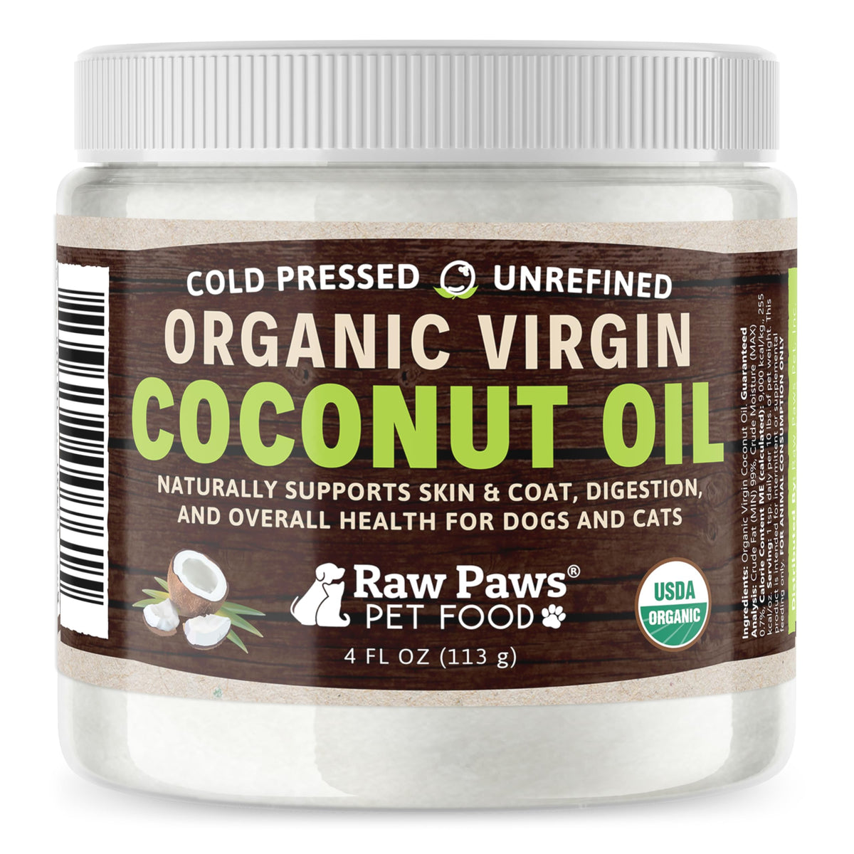 Raw Paws Huile Coco Vierge Bio – bouteille visible, soutien potentiel au pelage des chiens et chats.