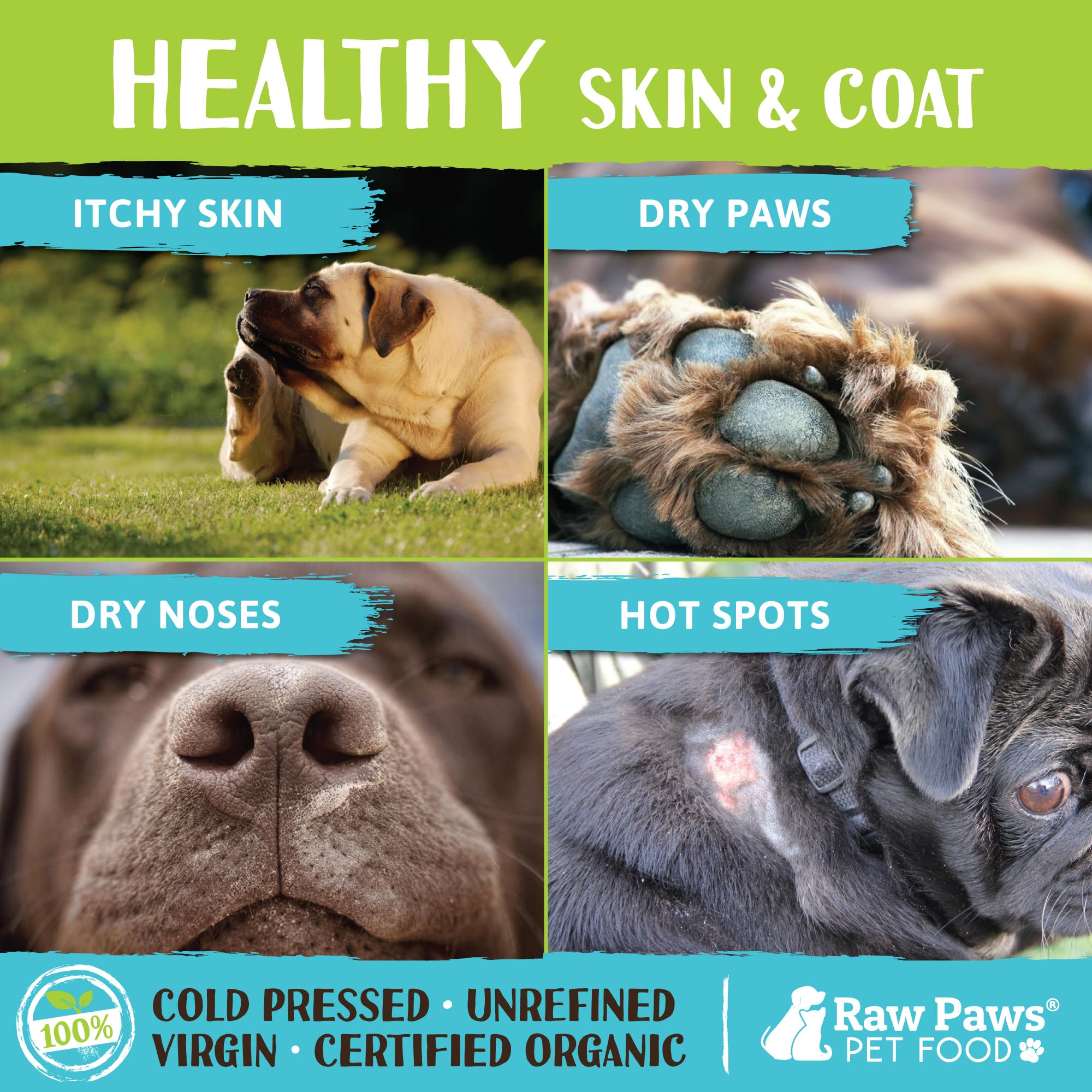 Raw Paws huile de coco bio – texture naturelle, idéale pour l'alimentation et usage topique sur le pelage.