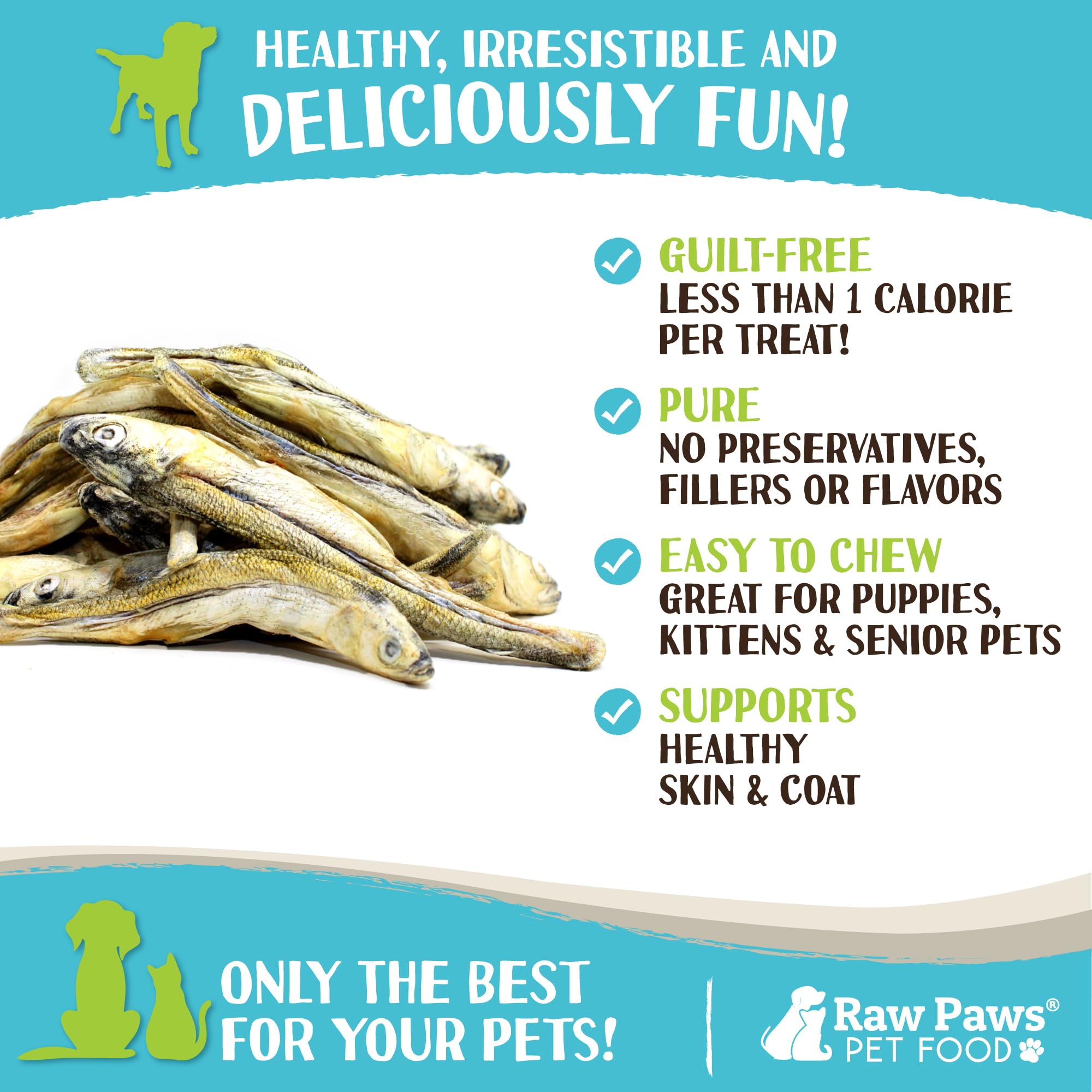 Raw Paws Minnows, paquet 2oz, idéal pour récompenses rapides en entraînement.