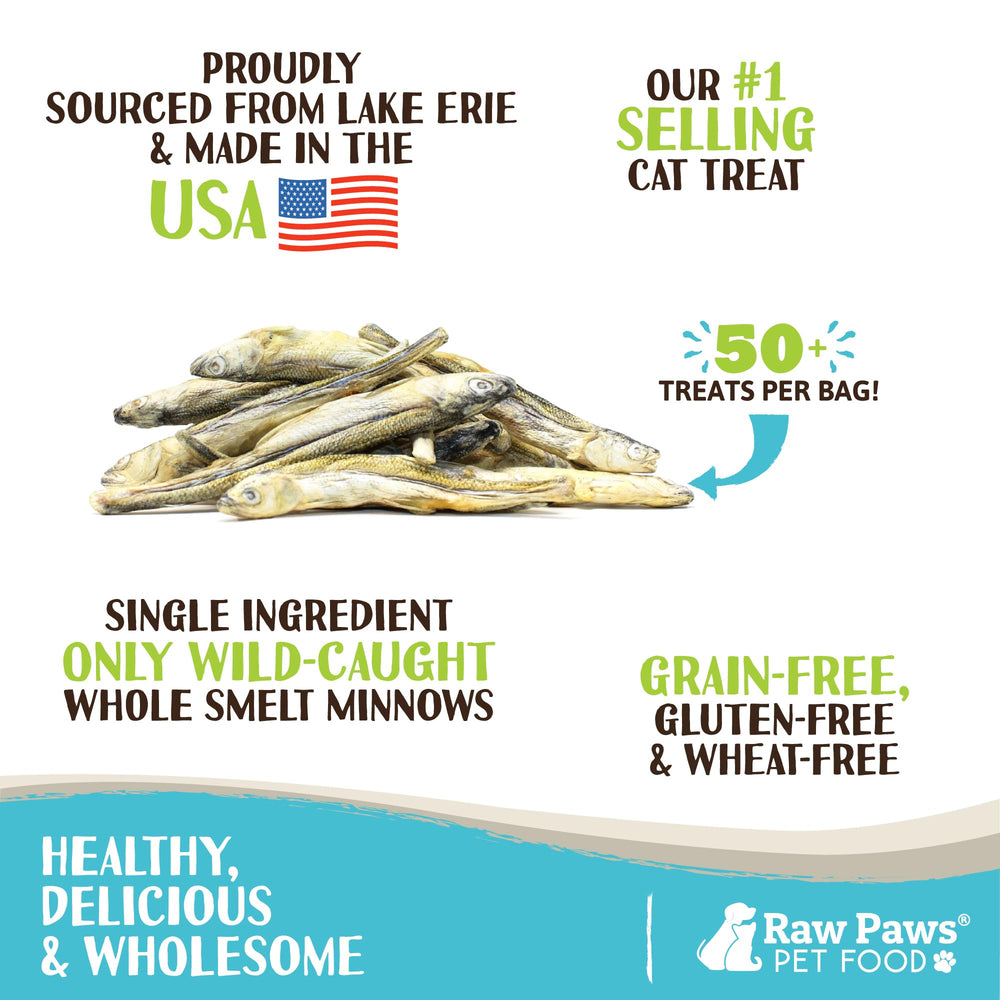 Raw Paws Minnows, étiquette lisible, snack sans céréales pour une digestion légère.