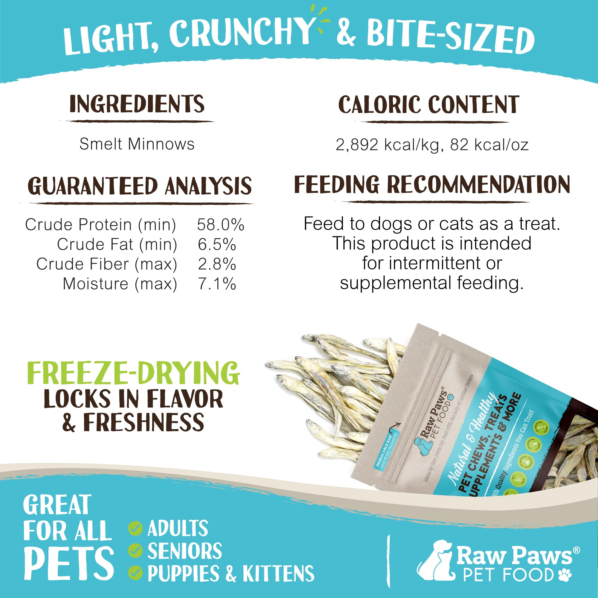 Raw Paws Minnows, poissons miniatures en image, parfait comme topping naturel.