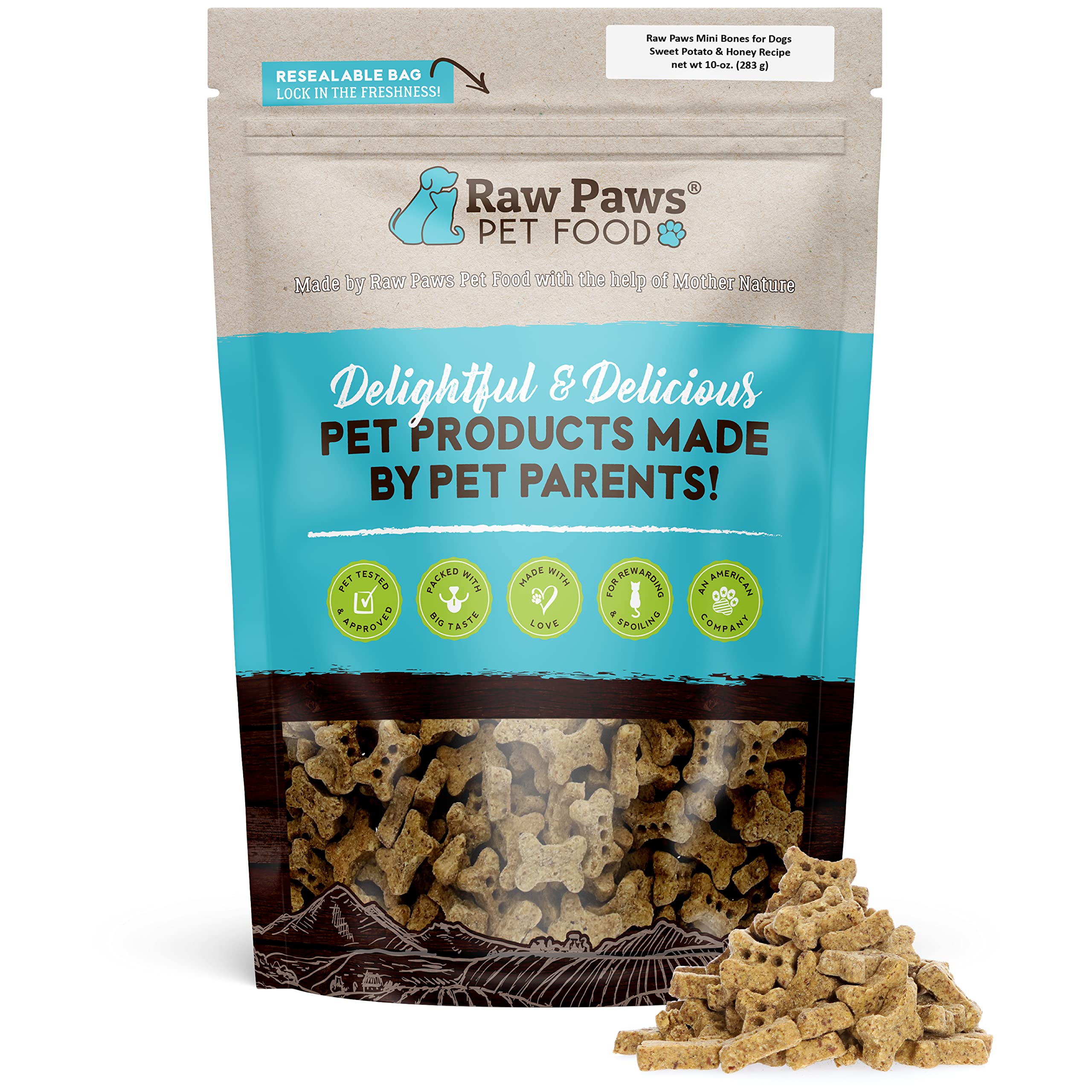 Raw Paws os mini en forme d'os avec patate douce et miel, friandise légère pour l'entraînement.