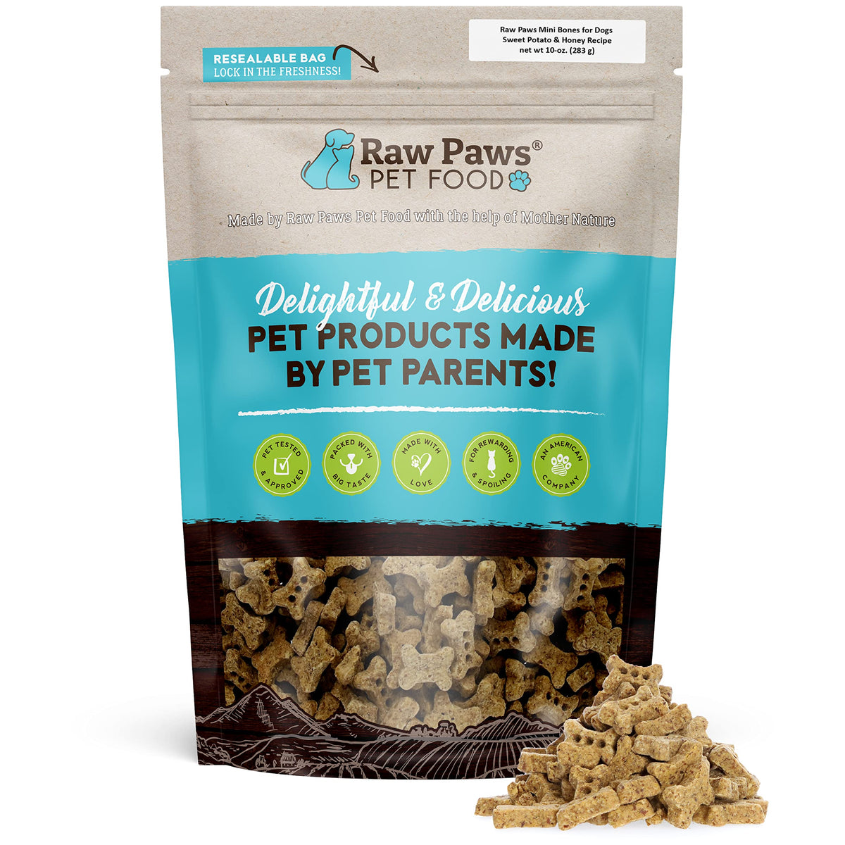 Raw Paws os mini en forme d'os avec patate douce et miel, friandise légère pour l'entraînement.