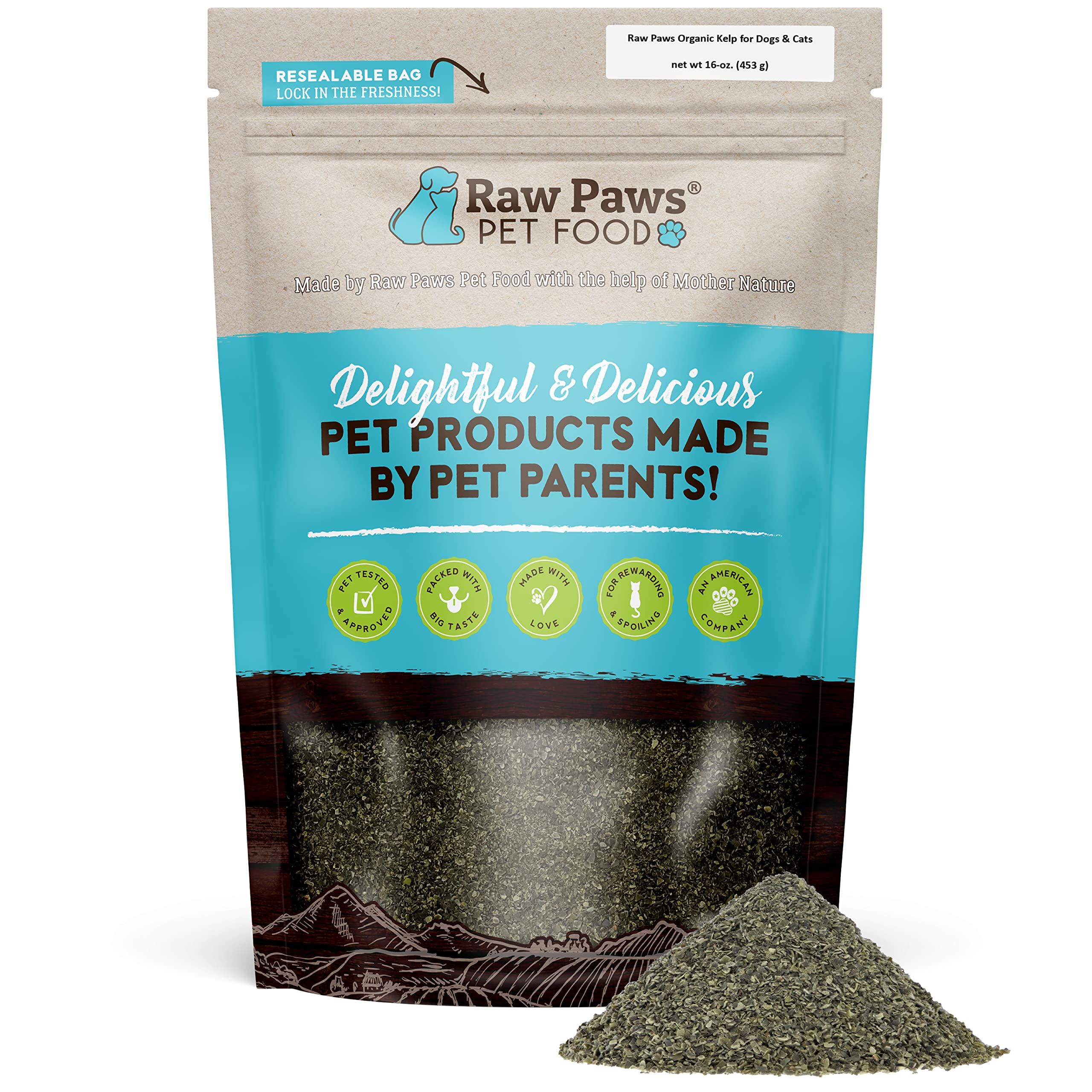 Raw Paws Poudre kelp bio dans un bocal ouvert, soutient la digestion des chiens et chats