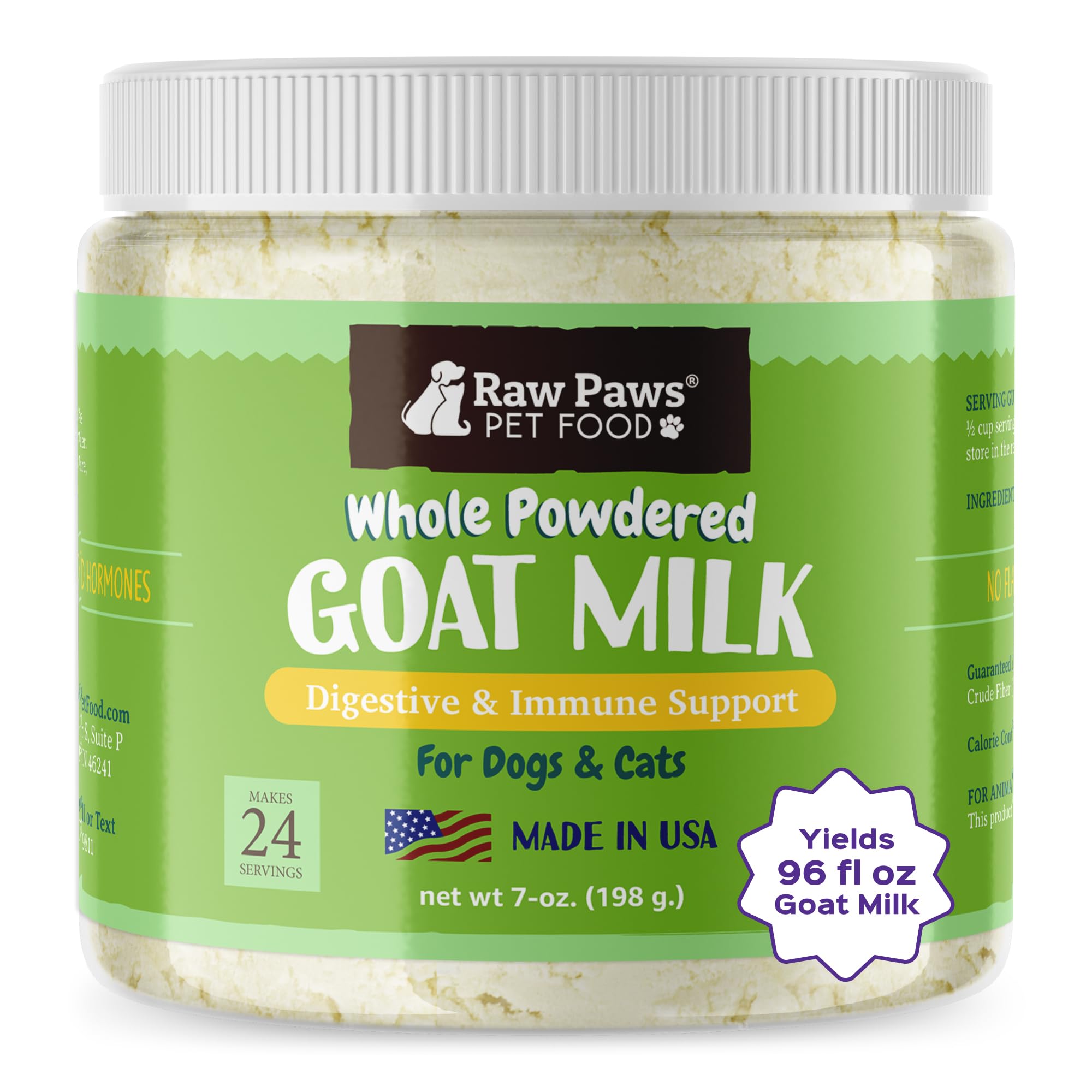 Raw Paws poudre lait chèvre entier pour animaux, nutritive et facile à mélanger.