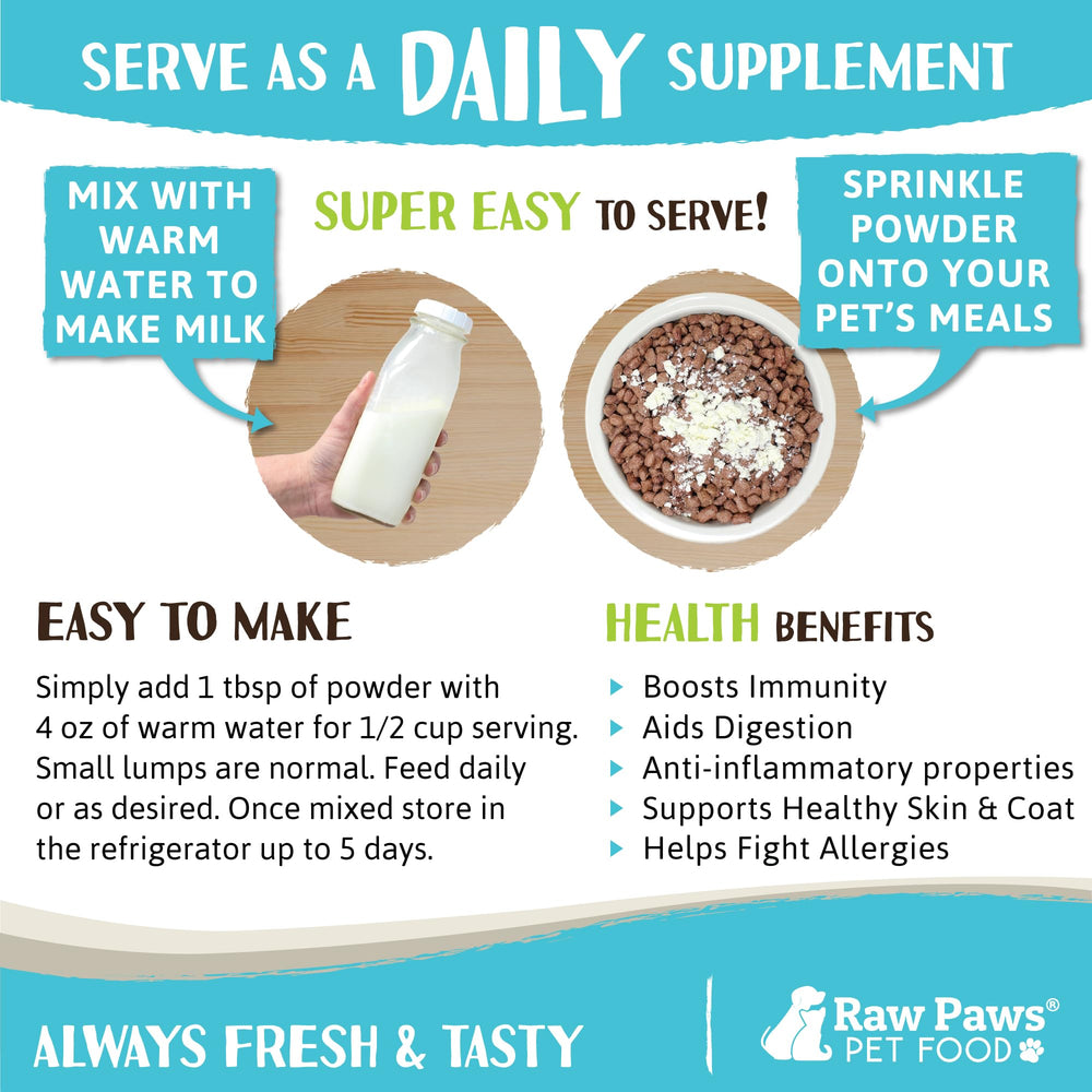 Raw Paws poudre lait chèvre probiotiques pour digestion douce chez les animaux.