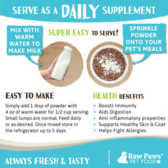 Raw Paws poudre lait chèvre probiotiques pour digestion douce chez les animaux.