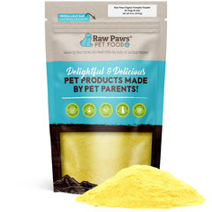 Raw Paws Poudre Potiron Bio présentation produit, soutien digestif potentiel pour chiens et chats.