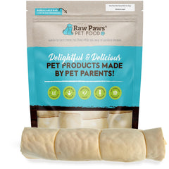 Raw Paws rouleaux joue boeuf grand format, collations naturelles pour chiens.