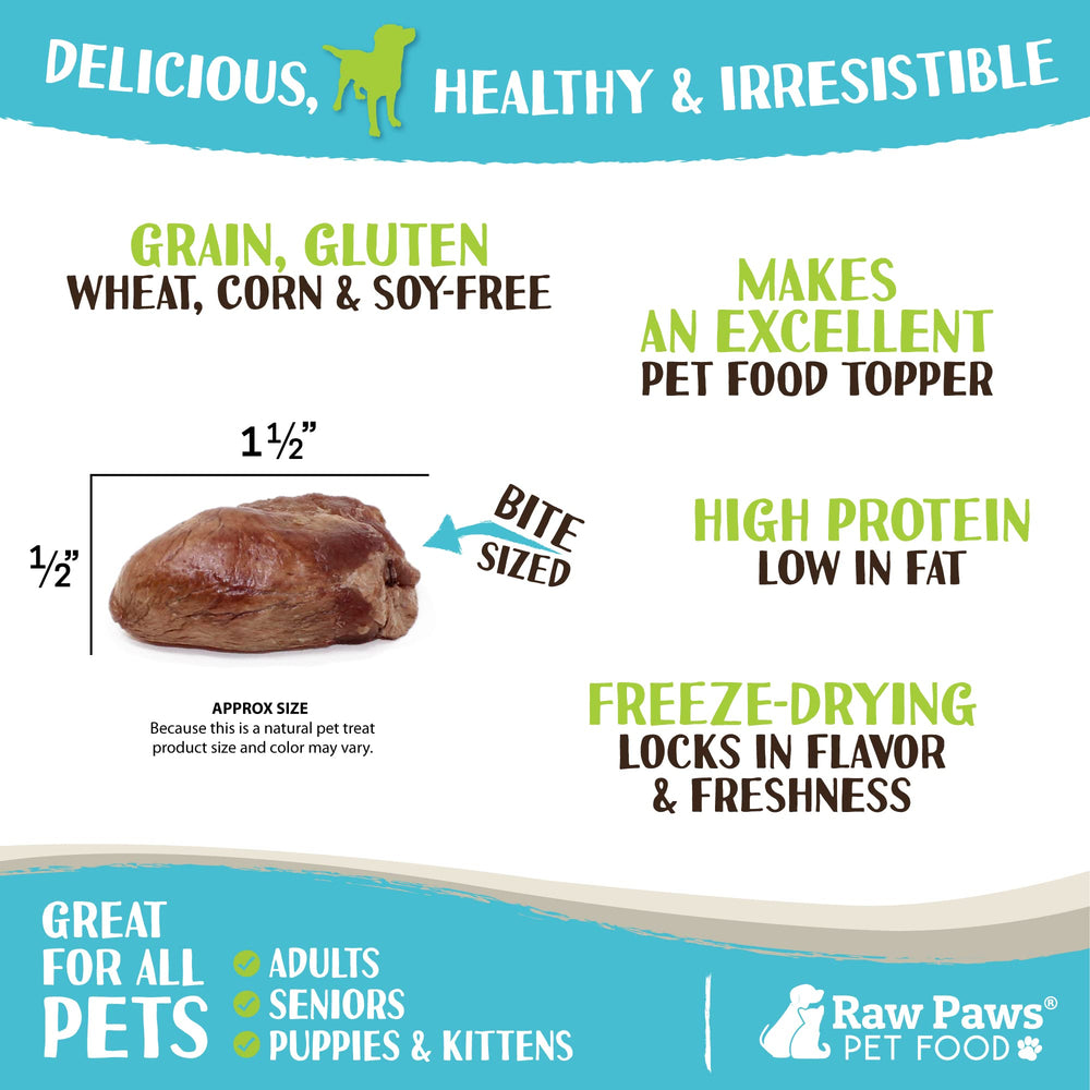 Texture croquante des coeurs de poulet Raw Paws, friandise naturelle