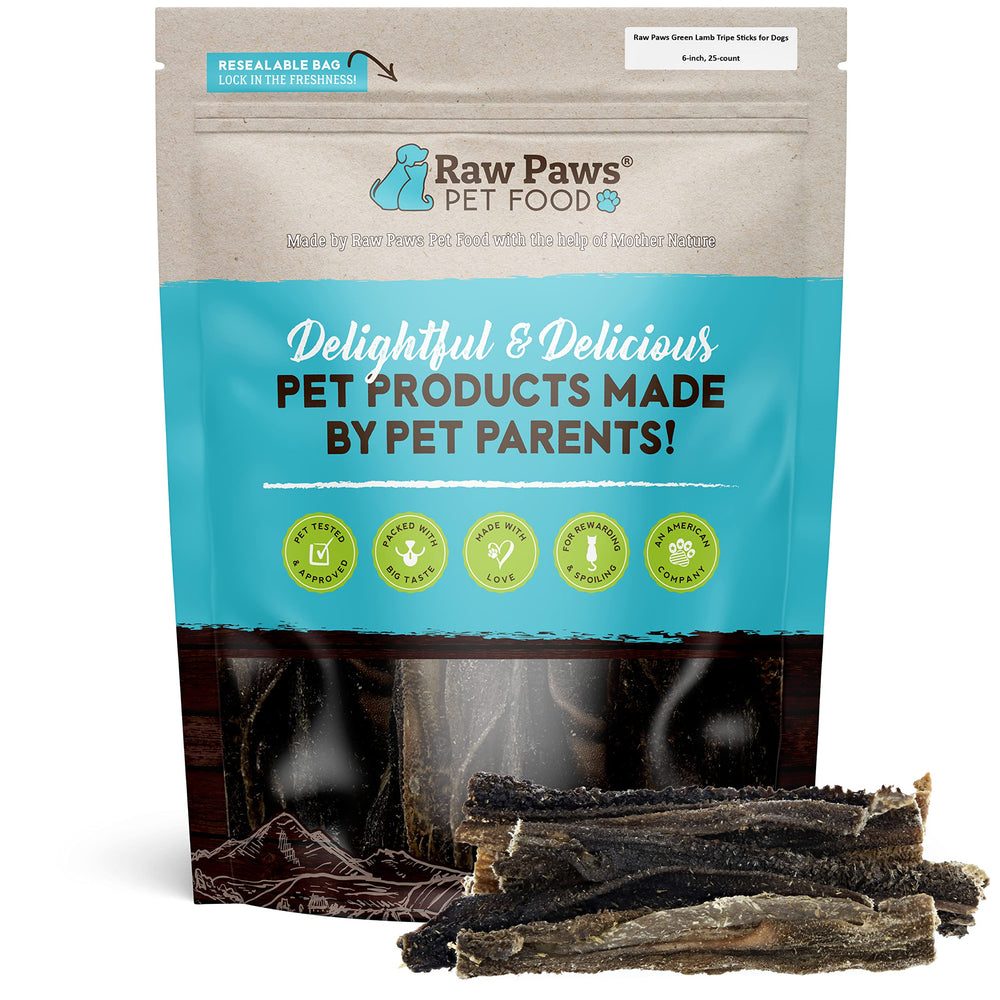 Raw Paws Tripes d'agneau verte, emballage 25 bâtonnets, choix pratique et naturel pour chiens.