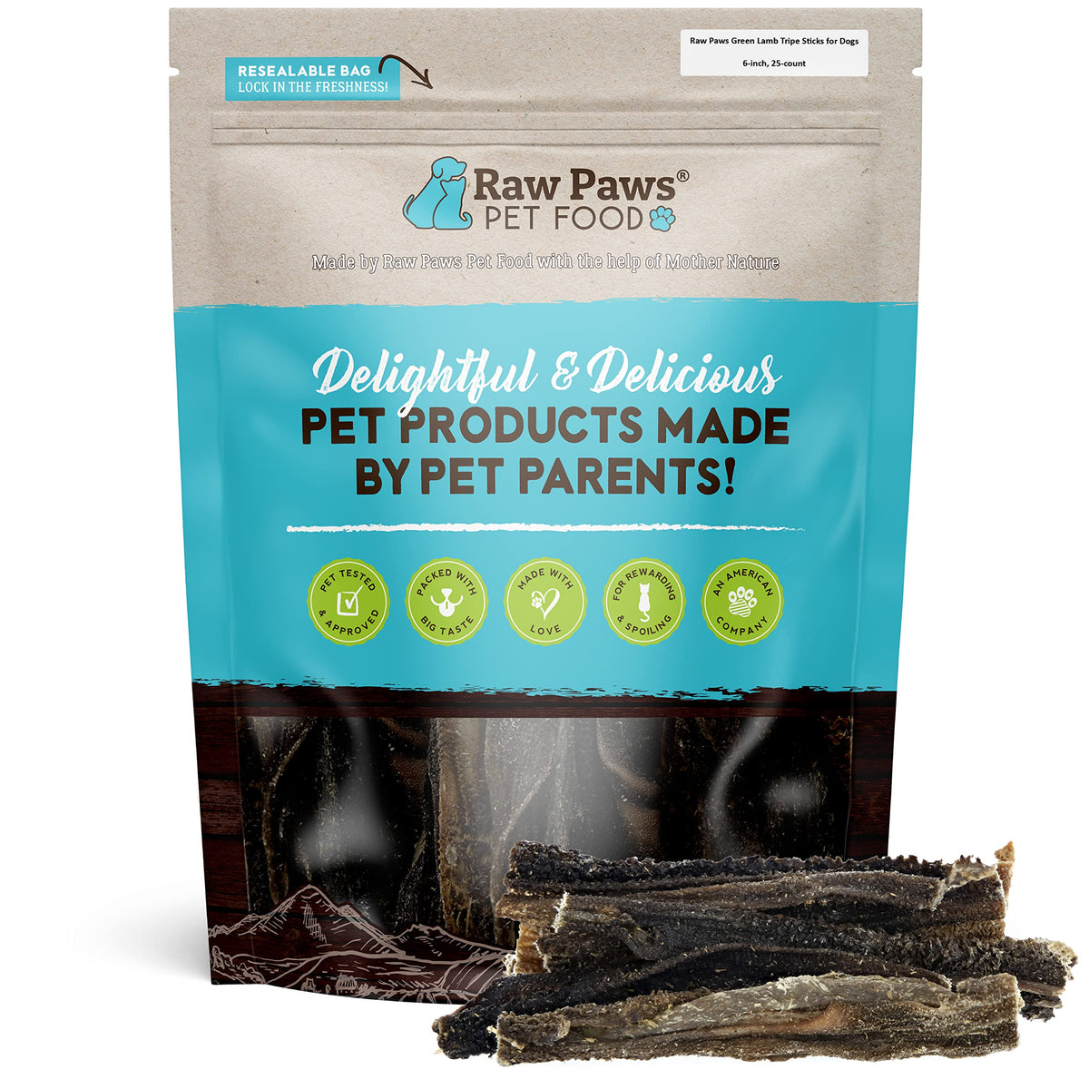 Raw Paws Tripes d'agneau verte, emballage 25 bâtonnets, choix pratique et naturel pour chiens.
