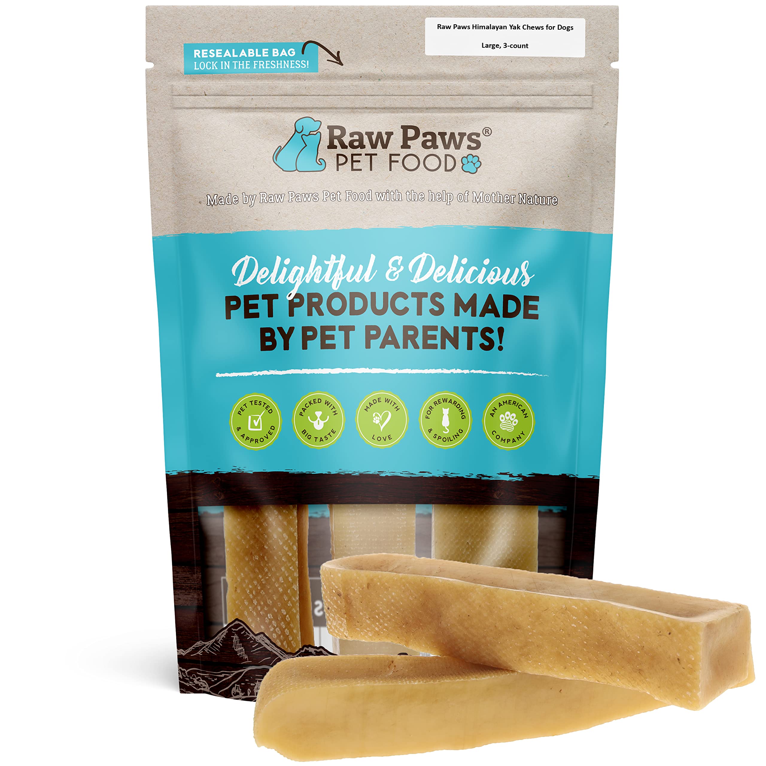 Friandises Raw Paws Yak Chews, emballage 3 paquets pratique pour chiens moyens à grands.