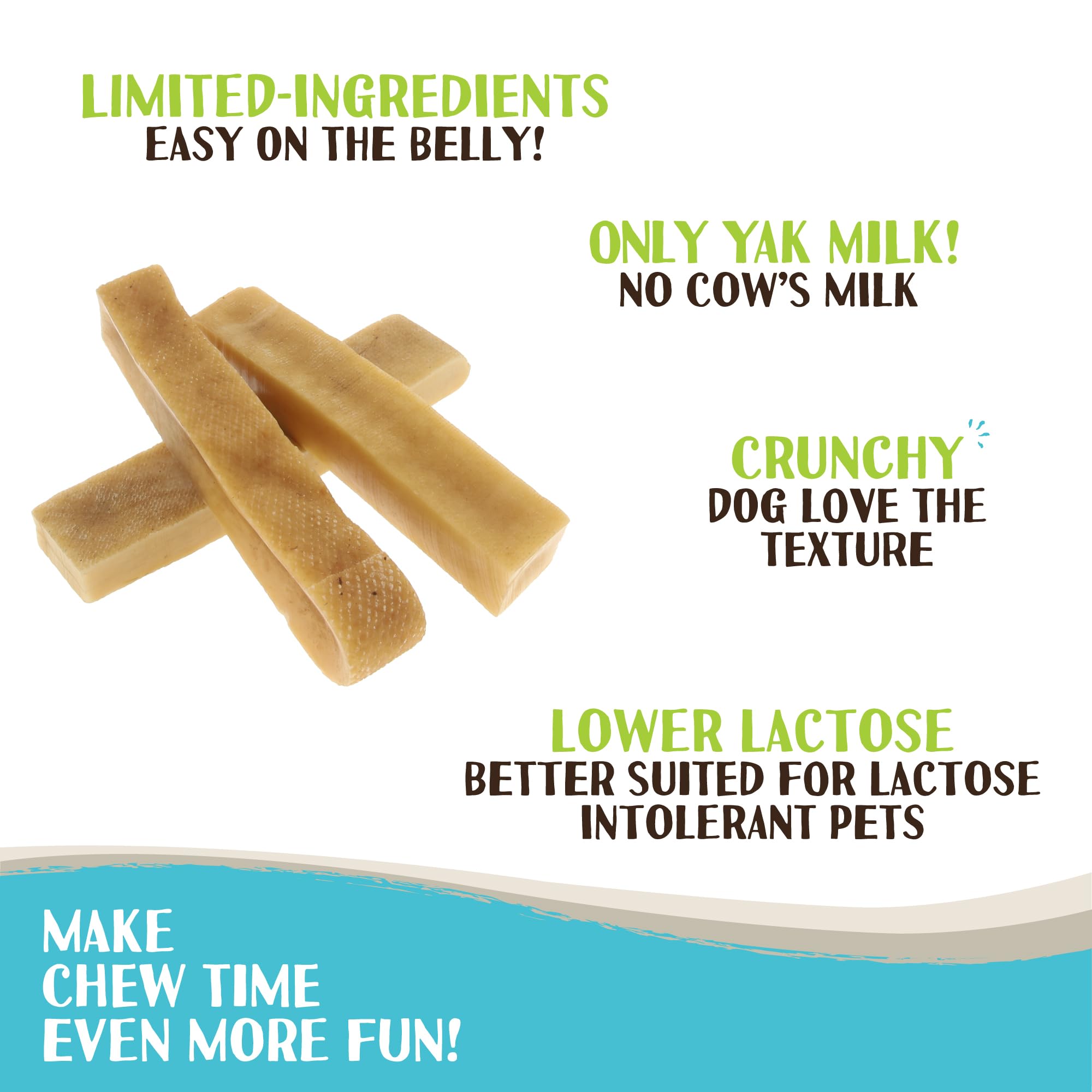 Texture dure des friandises Raw Paws Yak Chews pour mâcher prolongé.