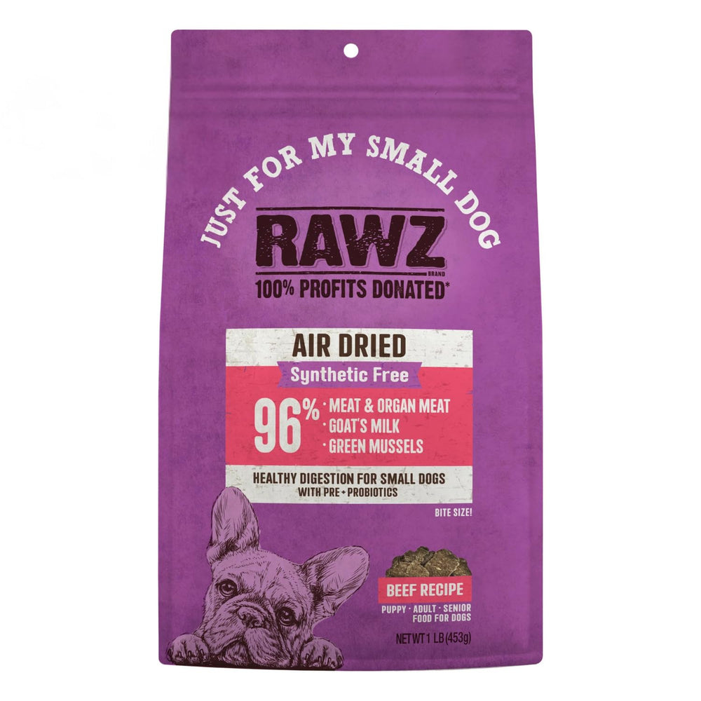 Rawz aliments séchés pour petit chien boeuf, texture nourrissante et pratique.