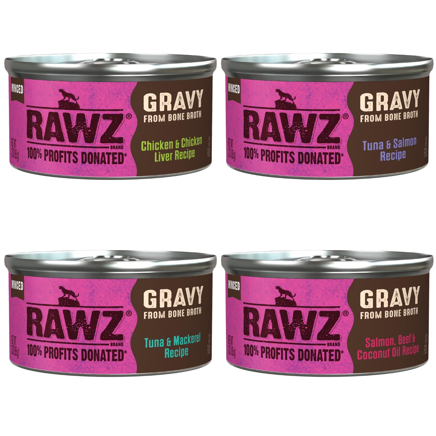 Rawz chat haché en conserve avec bouillon, texture tendre et hydratante.