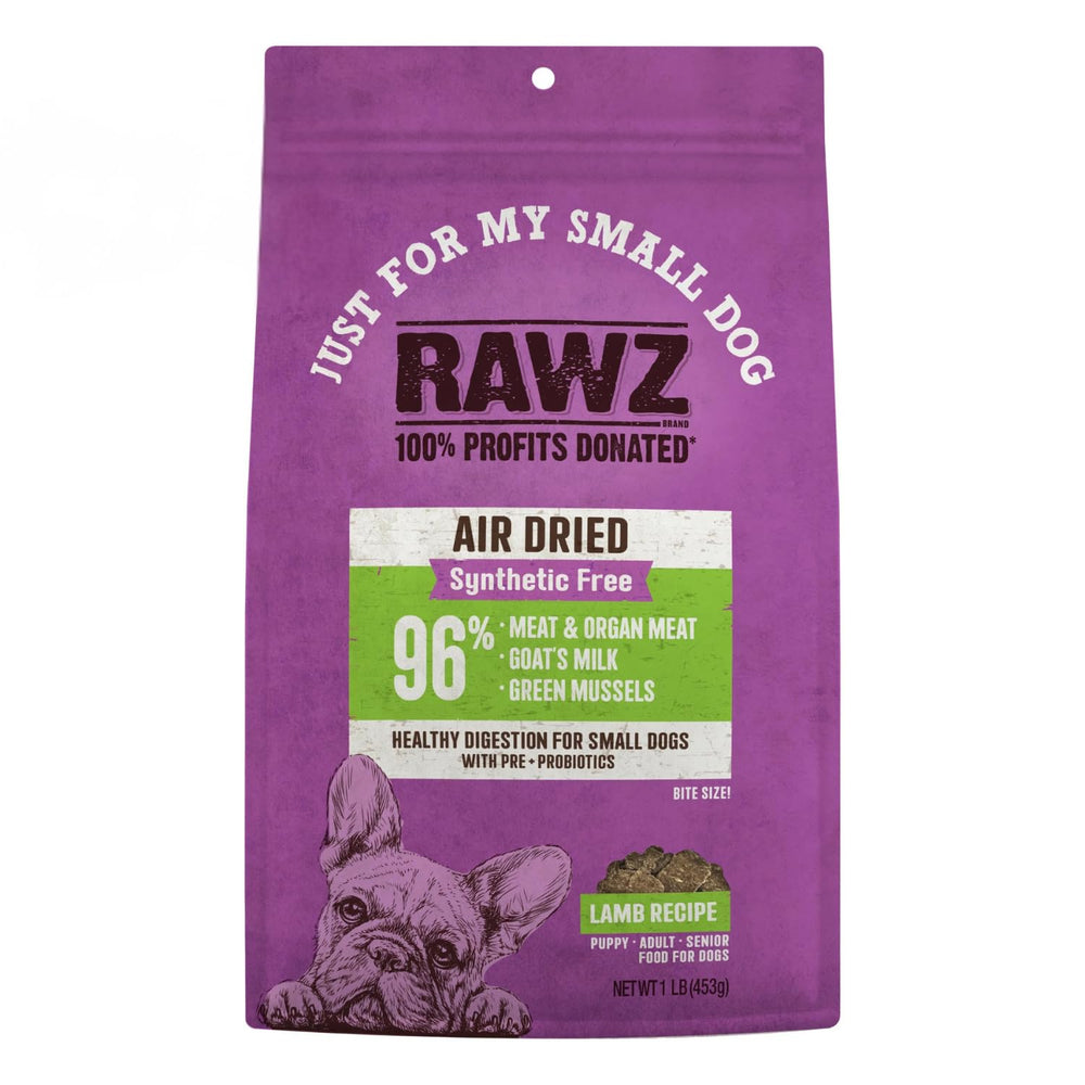 Rawz emballage montre l'alimentation sèche pour petit chien à l'agneau, savoureuse et pratique.