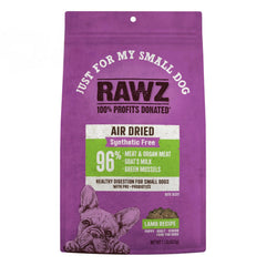 Rawz emballage montre l'alimentation sèche pour petit chien à l'agneau, savoureuse et pratique.