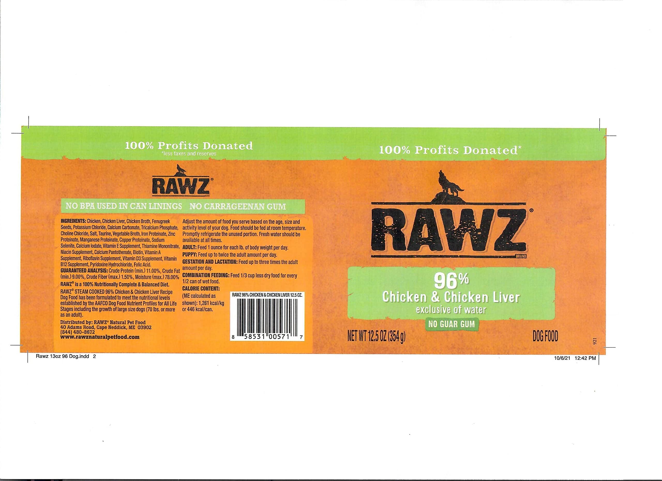 Morceaux de poulet Rawz visibles dans la conserve destinée aux chiens.