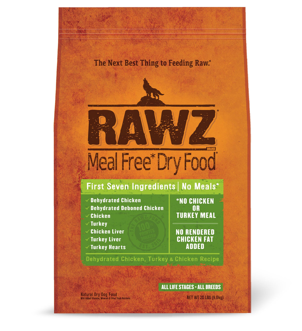 Photo d'emballage Rawz Nourriture sèche sans repas pour chien, poulet et dinde, prêt à l'achat.
