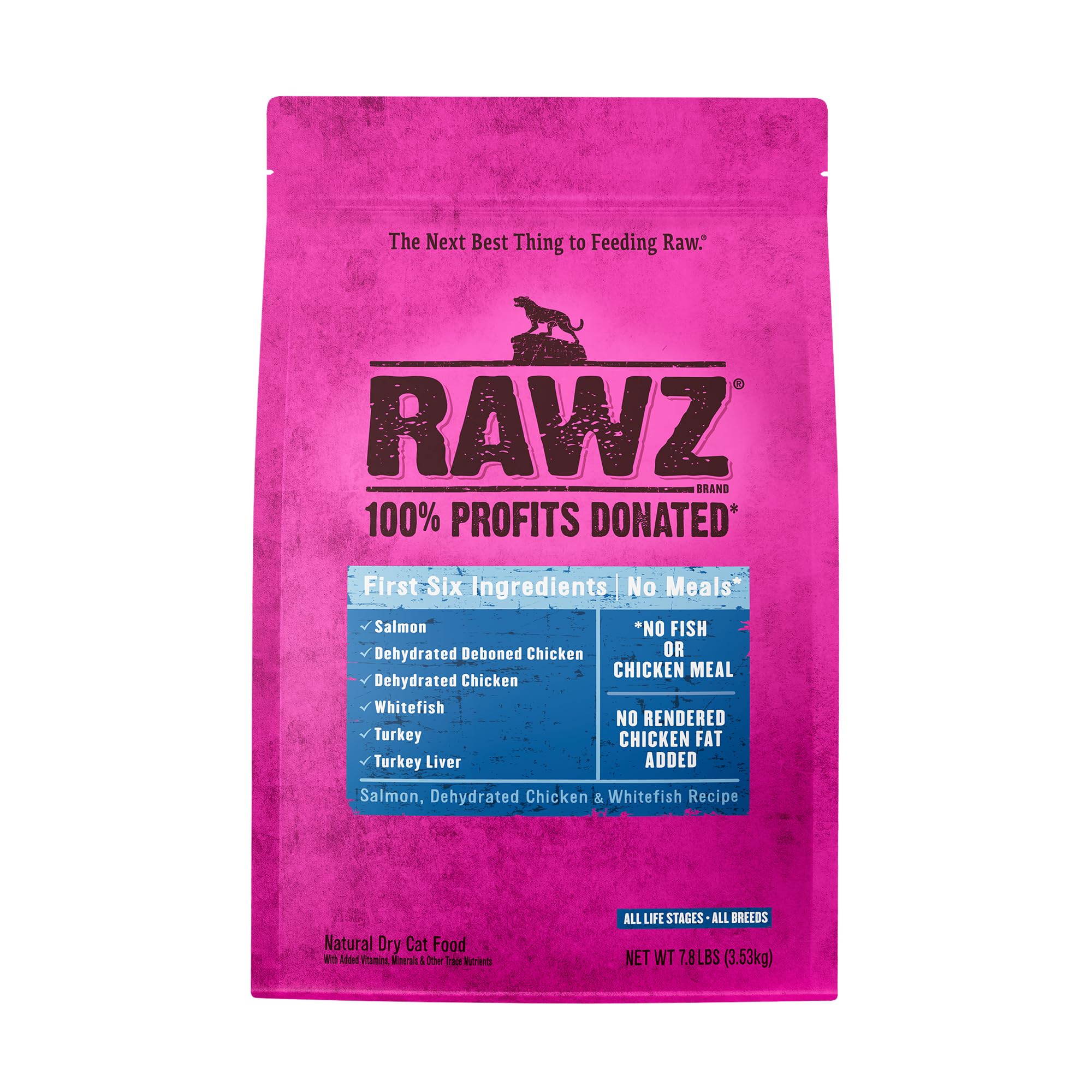 Rawz croquettes chat saumon poulet déshydraté, riche en protéines pour chats actifs.