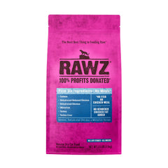 Rawz croquettes saumon-poulet-morue emballage, protéines élevées sans céréales