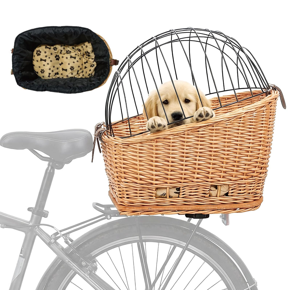 Panier Rayfox arrière en rotin naturel pour chien, confort et esthétique sur vélo.