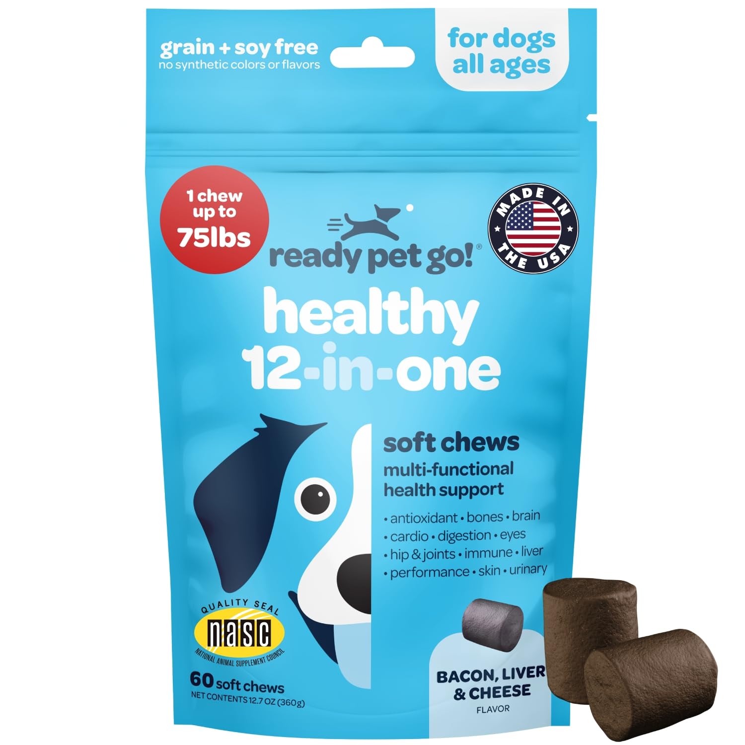 Ready Pet Go! Bouteille de bouchées 12-en-1 pour chiens, soutien nutritionnel pratique.