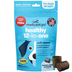 Ready Pet Go! Bouteille de bouchées 12-en-1 pour chiens, soutien nutritionnel pratique.
