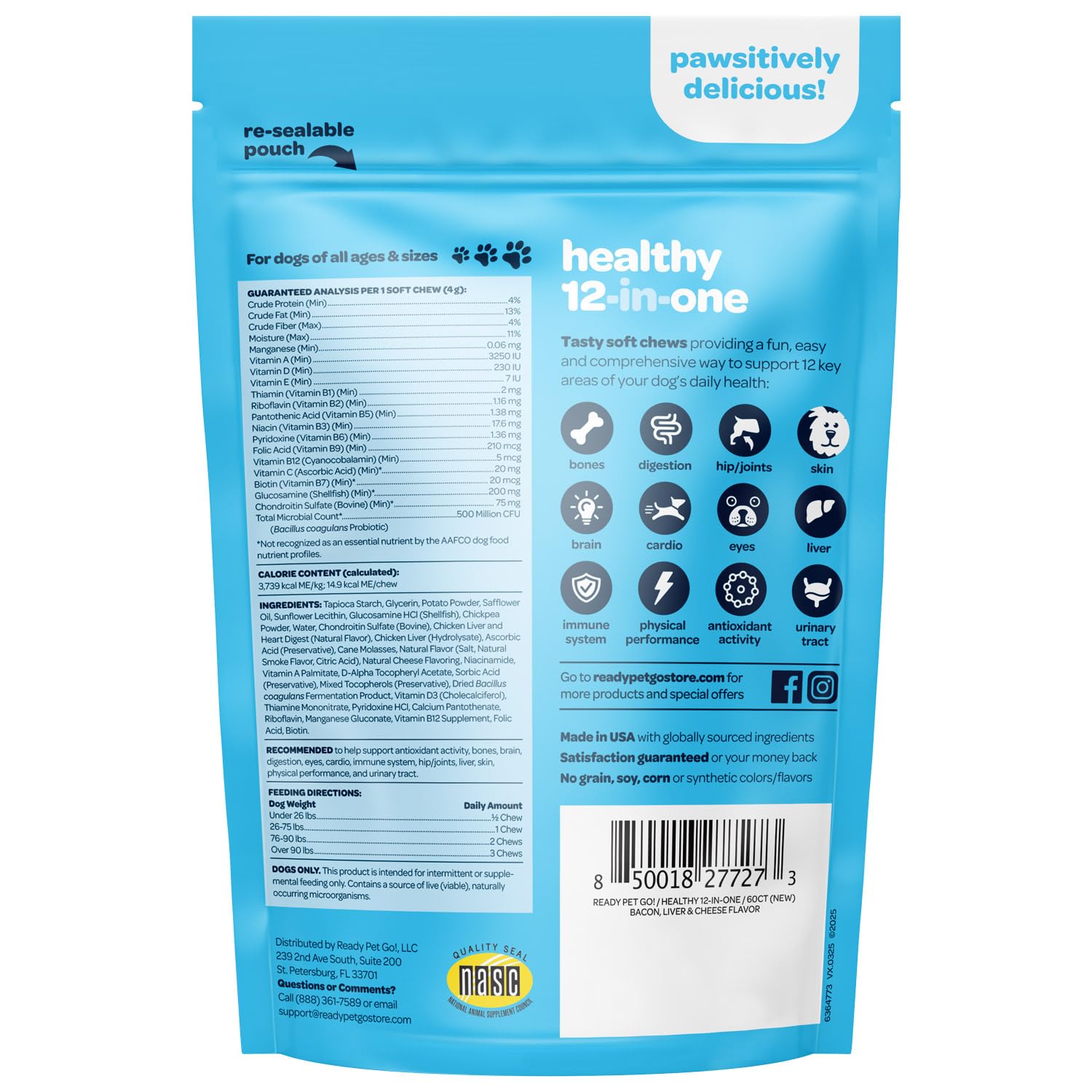 Ready Pet Go! Étiquette claire sur bouchées chiens, informations fiables sur les ingrédients.