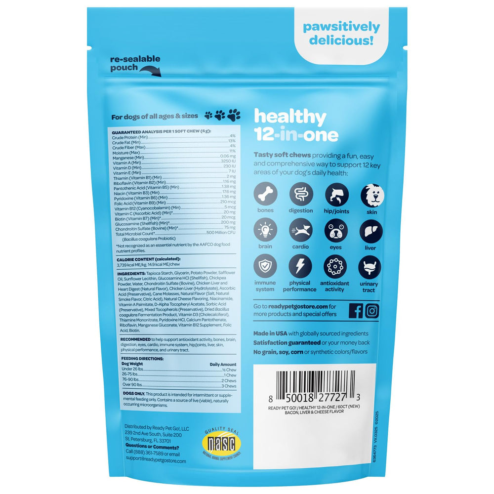 Ready Pet Go! Étiquette claire sur bouchées chiens, informations fiables sur les ingrédients.