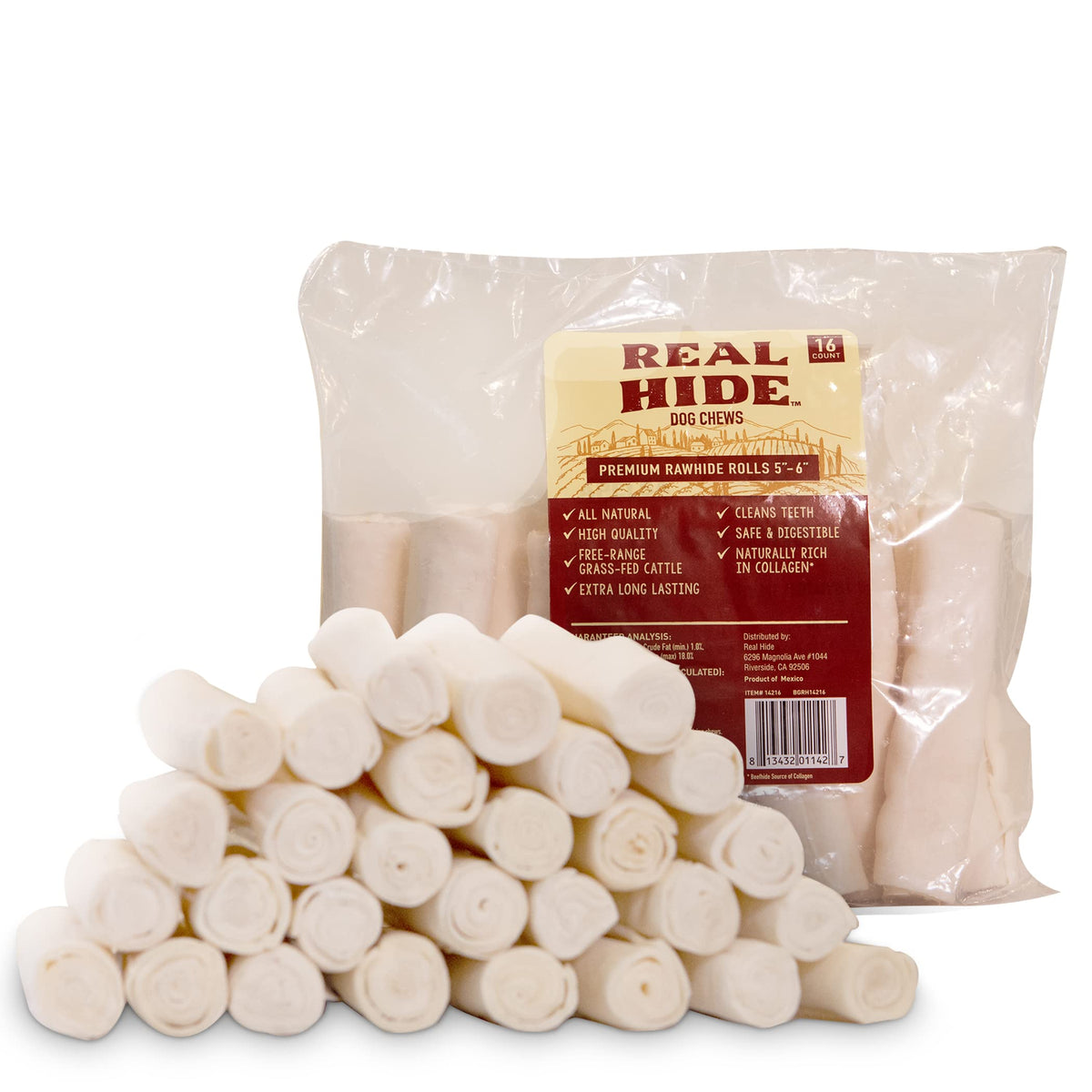 Real Hide rouleaux cuir cru premium 5-6 pouces pour chiens, mastication durable.