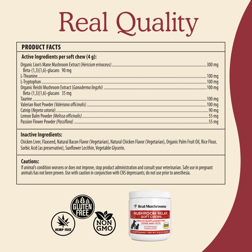 Dosage chat: ¼ bouchée deux fois par jour avec Real Mushrooms Calming Chews.