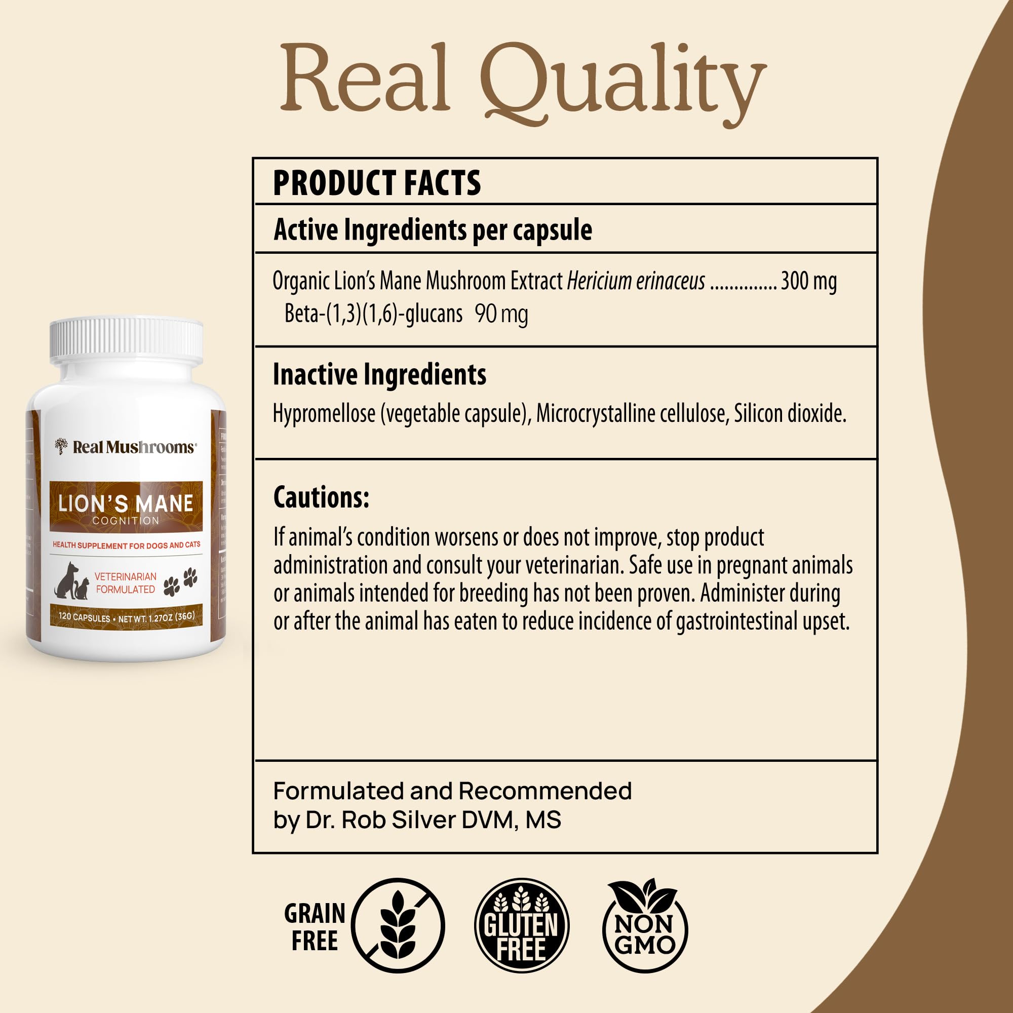 Real Mushrooms Lion’s Mane pour animaux – chiens et chats en routine, stabilité.