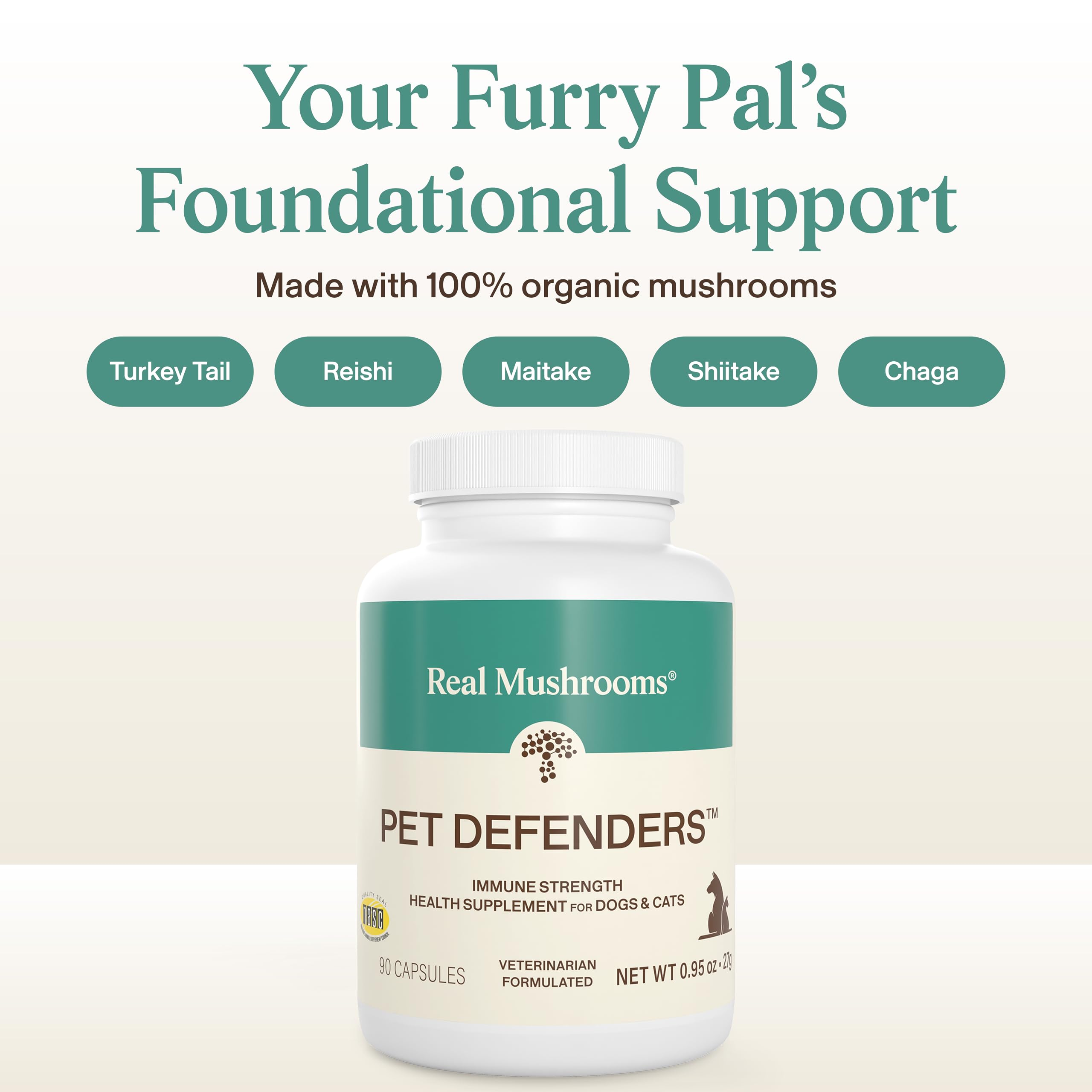 Real Mushrooms Pet Defenders – queue de dindon en poudre, soutien immunitaire quotidien.