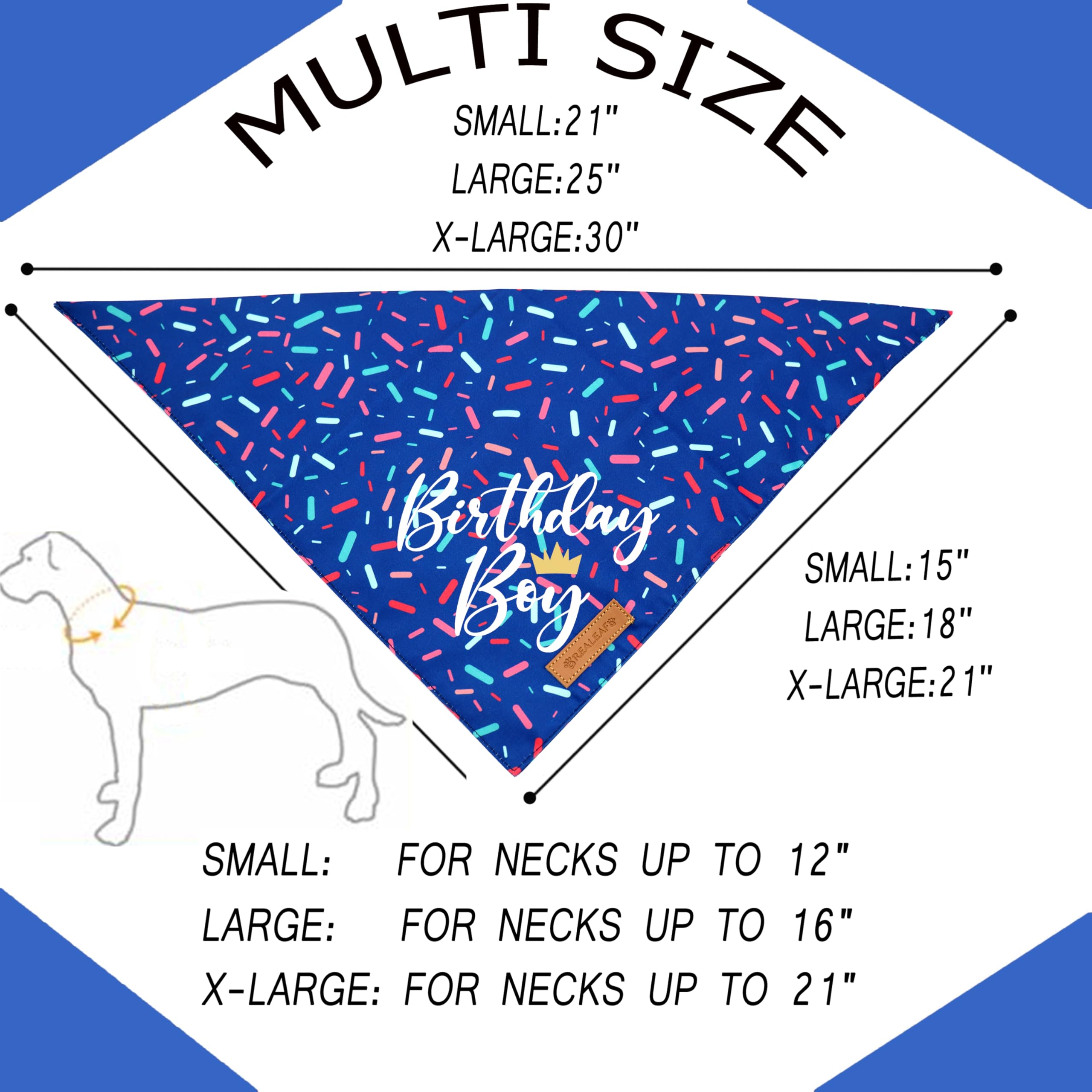 Bandana Realeaf anniversaire chien bleu grand, vue arrière pour montrer la coupe propre.