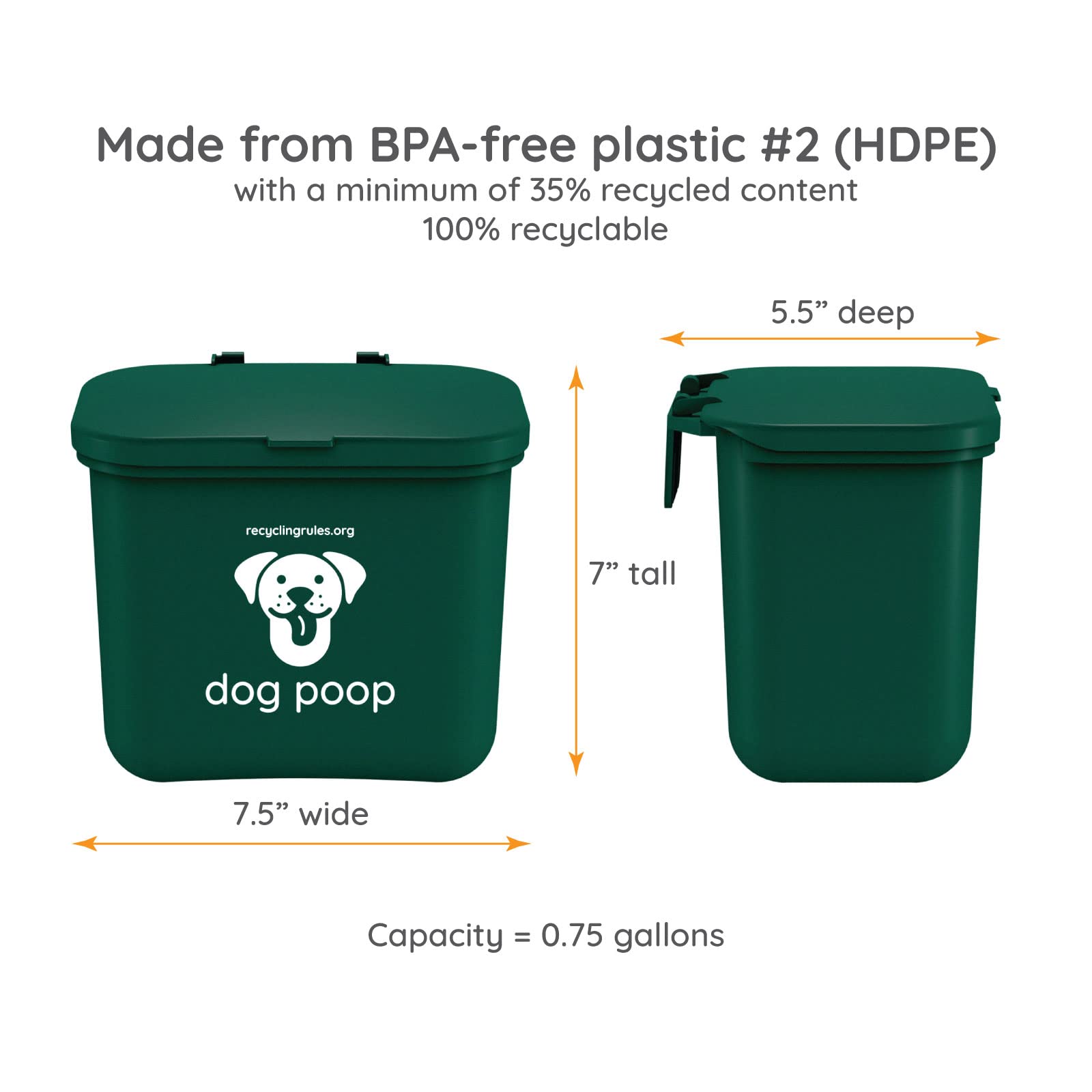 Poubelle Recycling Rules vert conçue pour un accrochage extérieur sûr.