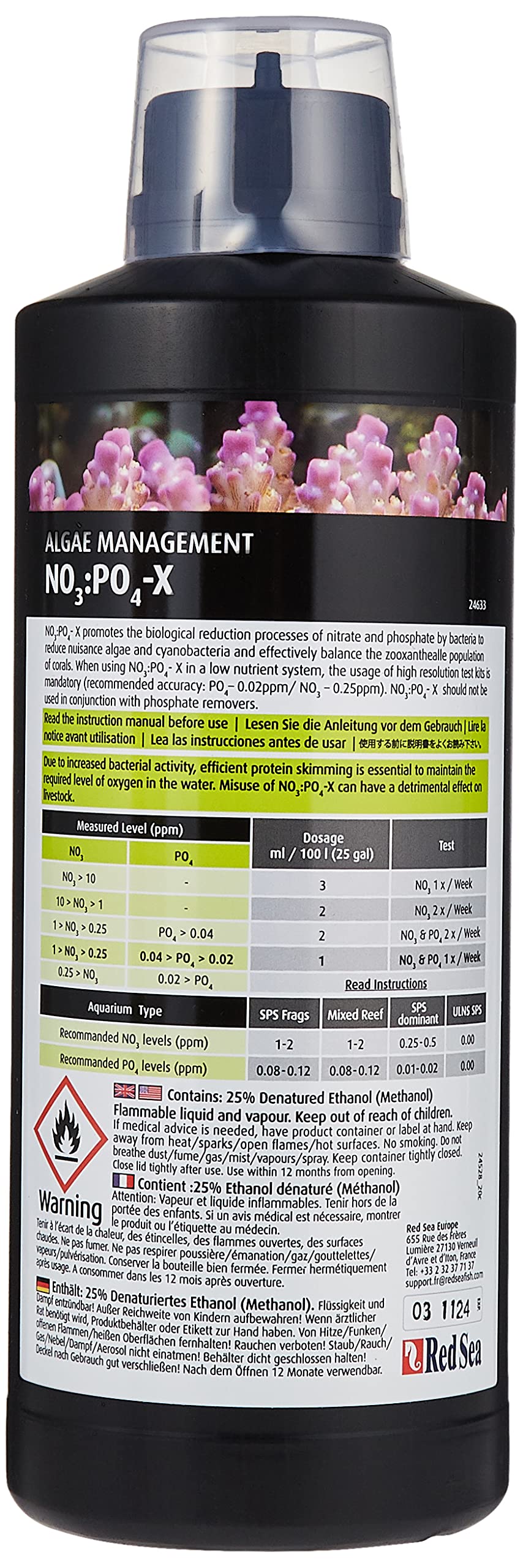 Red Sea NO3:PO4-X – étiquette claire aidant à repérer rapidement le dosage recommandé.