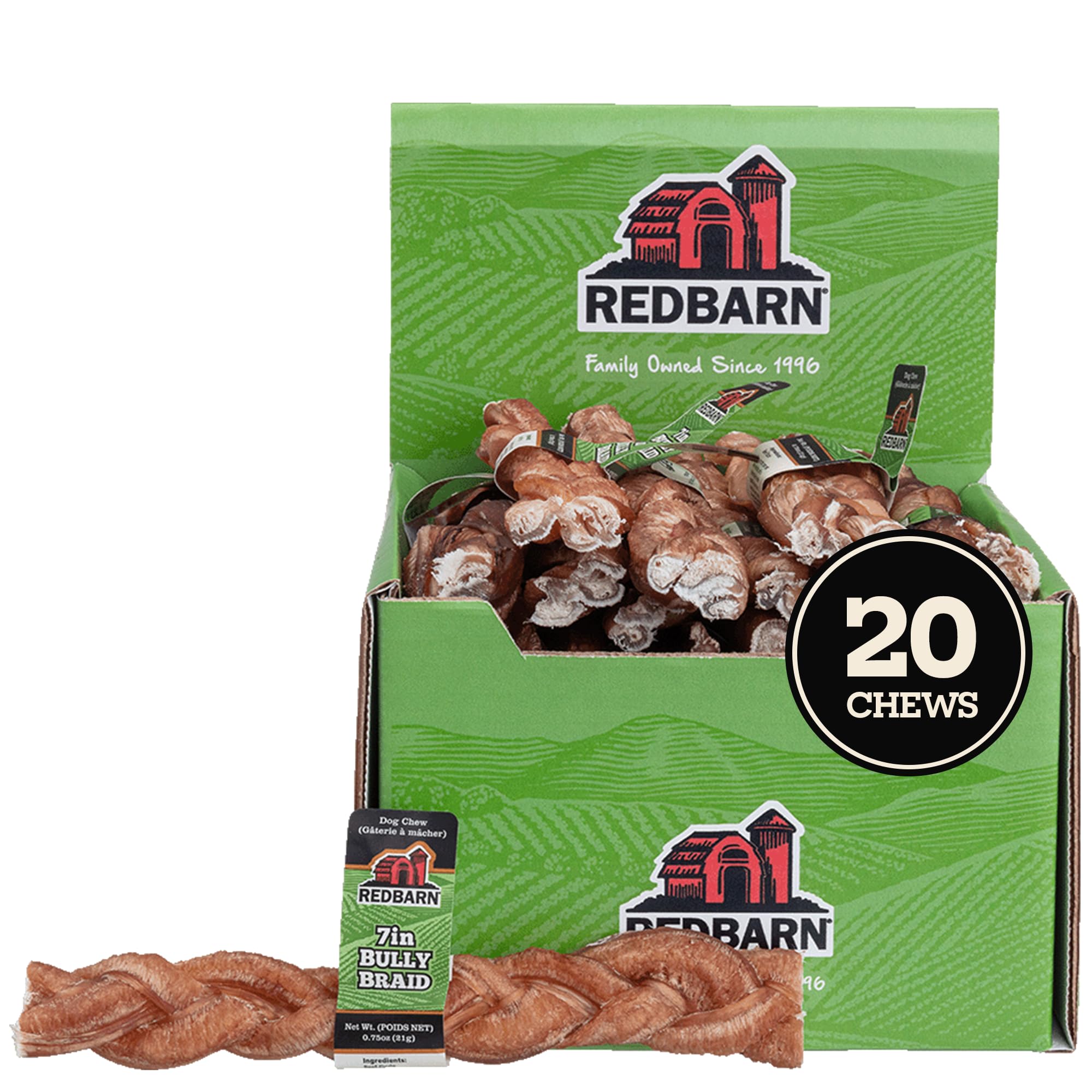 Redbarn bâtons tressés de boeuf 7 pouces pour chien, mâchage prolongé et goût naturel.