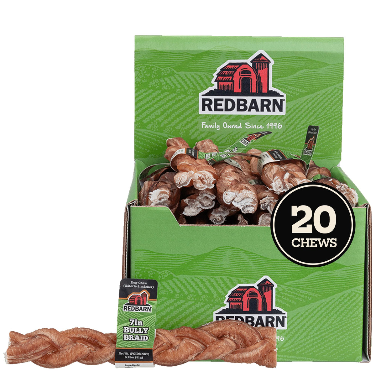 Redbarn bâtons tressés de boeuf 7 pouces pour chien, mâchage prolongé et goût naturel.