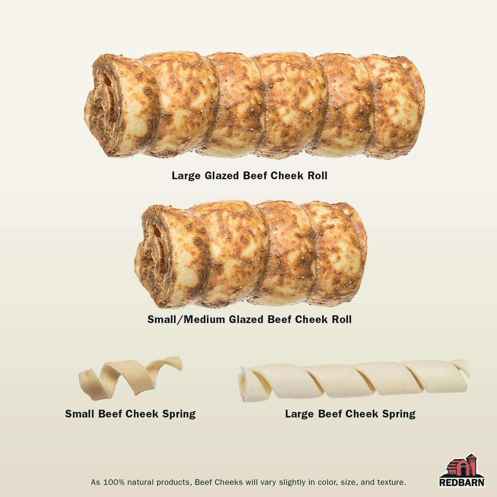 Rouleaux Redbarn de joue de bœuf non enrobés, texture naturelle et pratique