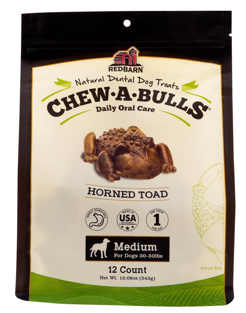 Redbarn Chew-A-Bulls, forme-crapaud, aide à l'hygiène dentaire et au bien-être quotidien du chien.