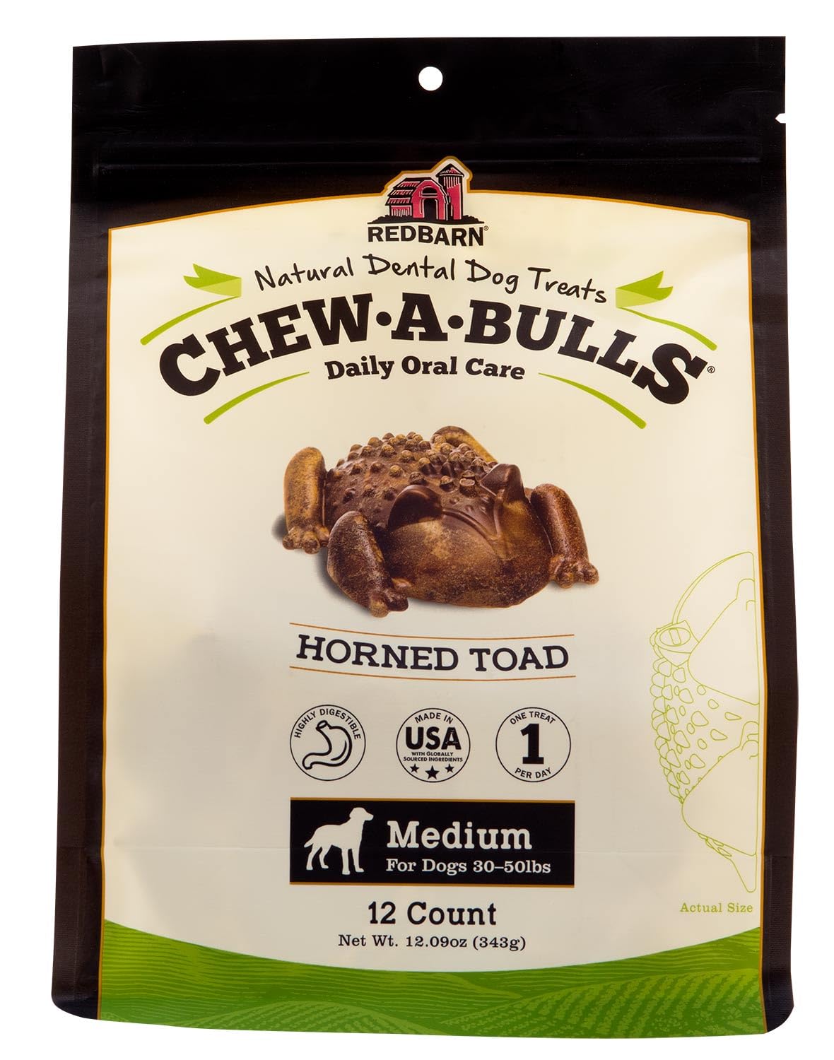 Redbarn Chew-A-Bulls, forme-crapaud, aide à l'hygiène dentaire et au bien-être quotidien du chien.