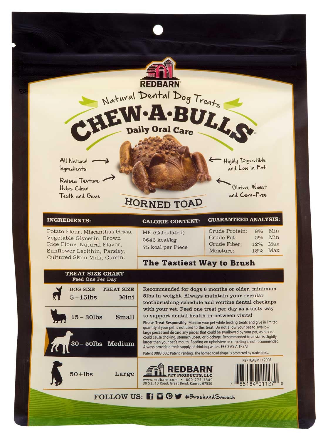 Redbarn Chew-A-Bulls, forme-crapaud, friandise quotidienne sans gluten et sans colorants artificiels.