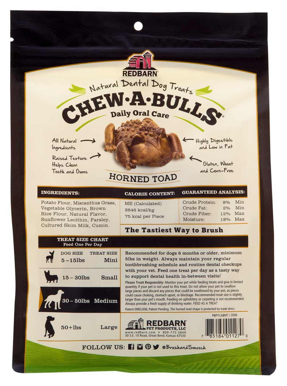 Redbarn Chew-A-Bulls, forme-crapaud, friandise quotidienne sans gluten et sans colorants artificiels.